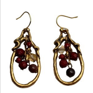 Boho Gold Teardrop Dangle Earrings with Red Beads Artisan Style